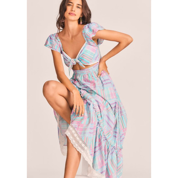 LoveShackFancy Emeka Plaid Cutout Maxi Dress Gingham Pastel Small Preowned - Picture 5 of 12